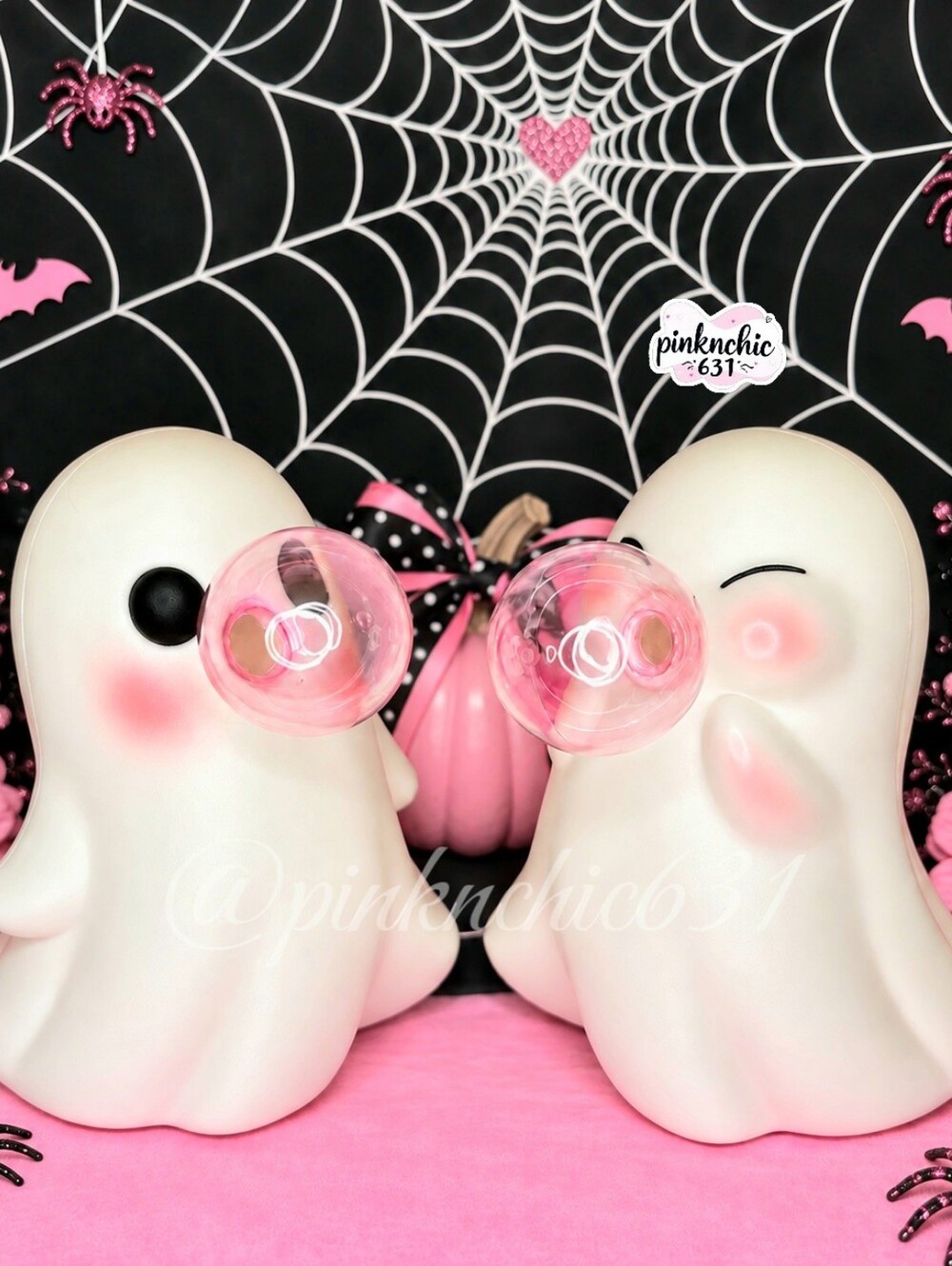 Set of 2 Halloween Blow Mold Ghosts with Pink Bubble Gum Spooky Decor